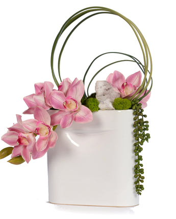 Draped Orchids in Flat Ceramic Vase