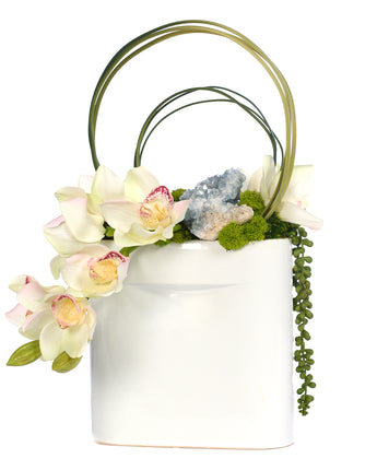 Draped Orchids in Flat Ceramic Vase